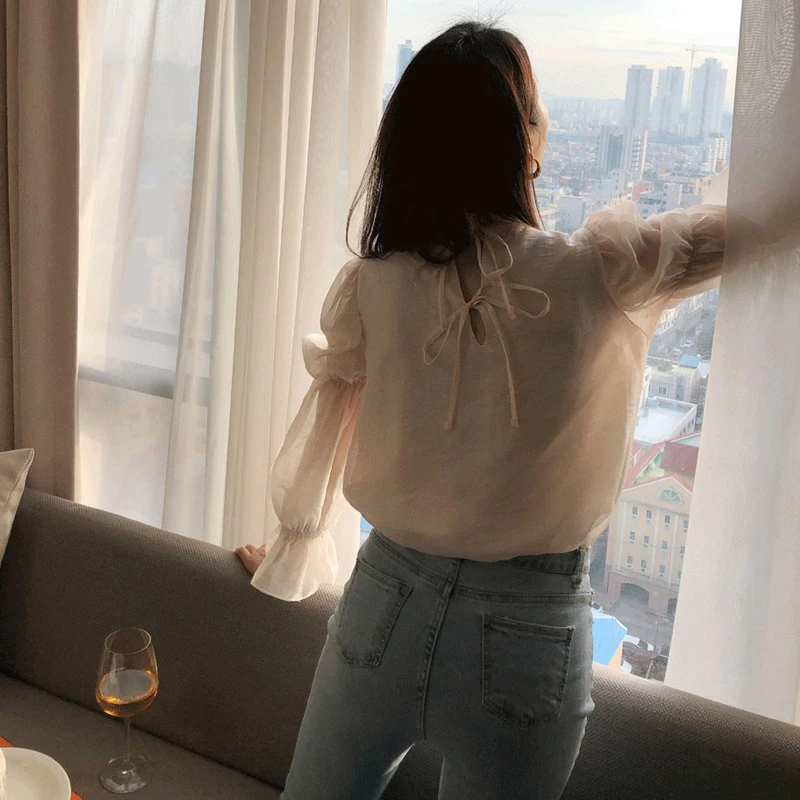 

Elegant Sexy Backless Bow Lace Up Design Blouse Spring O Neck Blouse Women Ol Simple Puff Long Sleeve Shirt Blusas Mujer 14368