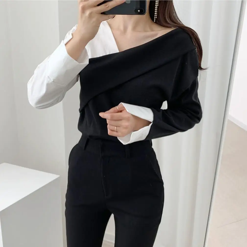 

Fashionable new black and white contrast stitching irregular shoulder off shoulder sexy blouse