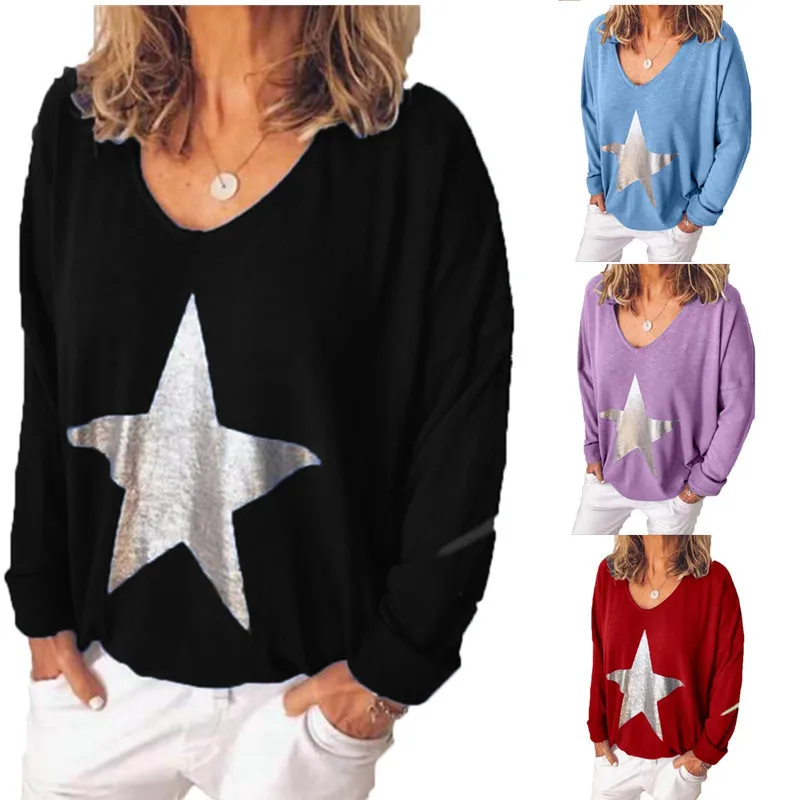 

Plus Size T Shirt for Women Causal Tee Full Sleeve with Stars Printed European and American Style Hot Street Shirts for Ladies
