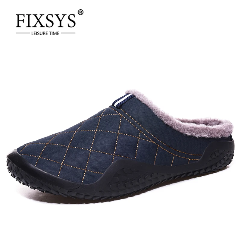 

FIXSYS Mens Short Plush Home Slippers Winter Warm Indoor Sandals Waterproof Male Outdoor Loafers Handmade Fur Half Snow Shoes