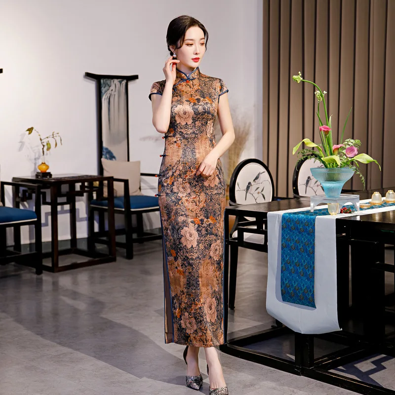 

Elegant Autumn Handmade Button Short Sleeve Satin Long Cheongsam Traditional Chinese Style Female Qipao Size 4XL