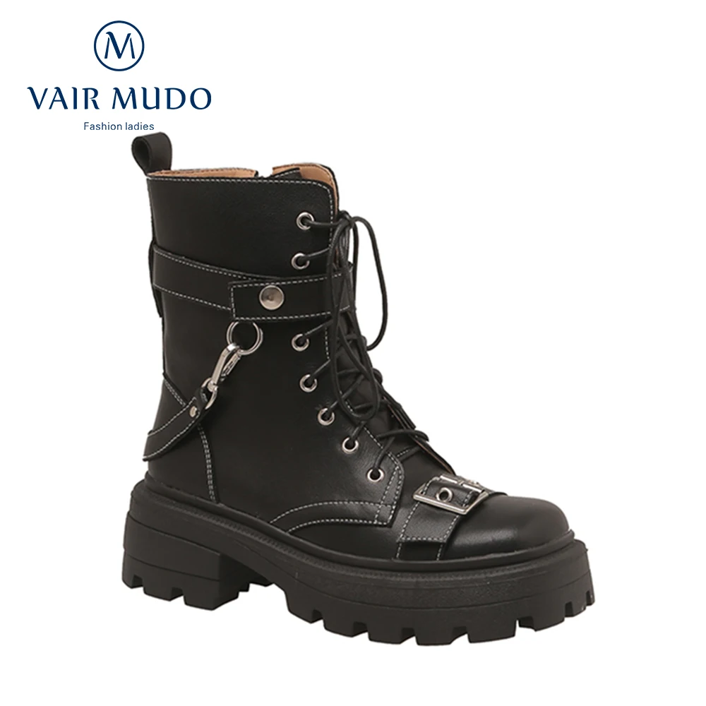 

VAIR MUDO Ankle Motorcycle Boot Shoes Thick Bottom Concise Genuine Leather Round Toe Sewing Lace Up Black Shoes Women DX87L