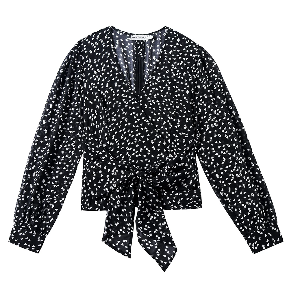 

Women Boho Blouse Polka Dot V-neck Chic Long Chiffon Shirts Long Sleeve Casual Printed Ribbon Tunic Tops 2020 Spring Summer New