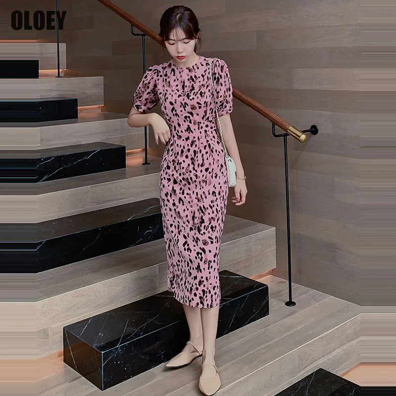 

Korean One-Piece Office Dress Elegant Floral Leopard Print Dress 2021 New Fashion Women Summer Thin Lace Puff Short Sleeve Dress