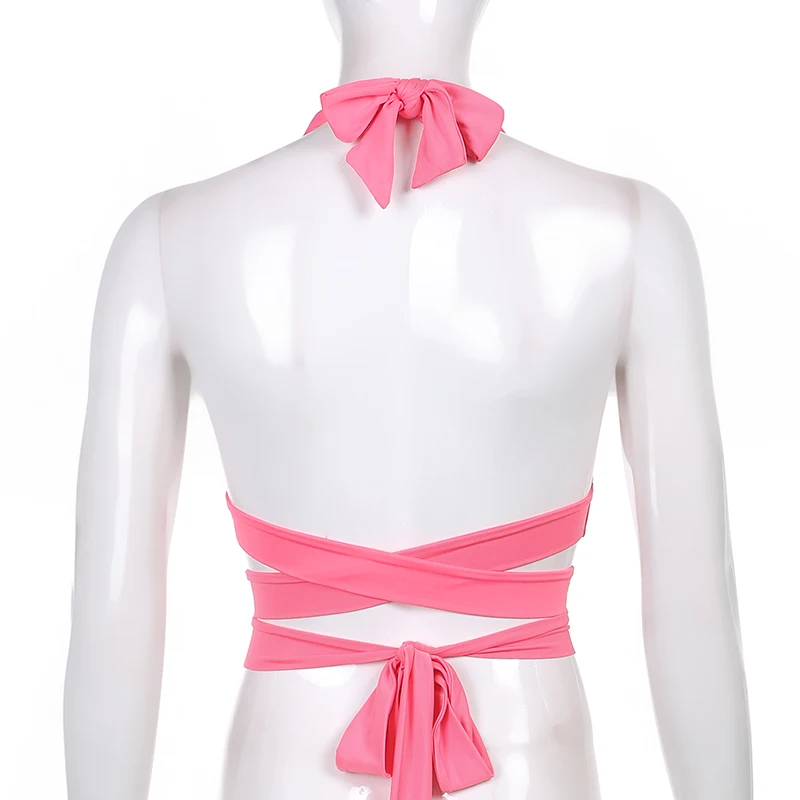

Summer Backless Sexy Halter Tanks Camis Bandage Lace Up Sleeveless Pink Crop Tops Tees Fashion Hollow Out Streetwear