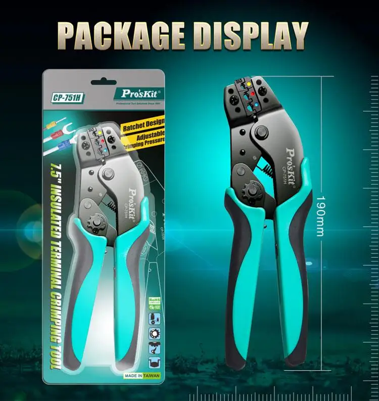 

Pro'sKit CP-751H Crimping Pliers 7.5 Inch Electrician Terminals Ratchet Clamp Insulated Terminal Crimping Tool