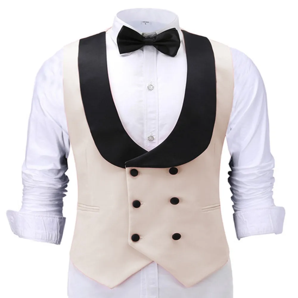 

2022 Men's Suit Beige Vest With Black Shawl Lapel Double Breasted Slim Fit Male Gentleman Business For Wedding Groomsmen Wear