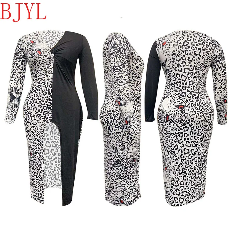 

BJYL Autumn Women Dress Long Sleeve Sexy V-neck Plus Size Dress Split Slim High Waist Bag Hips Leopard Print Dress Knee Length