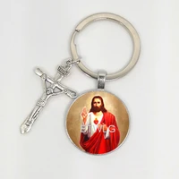 jesus the saviour cross keychain god with us glass cabochon pendant handmade charm handbag key ring christianity faith gift 9 8
