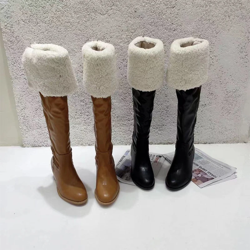 Зимние шерстяные сапоги выше колена на среднем массивном каблуке теплые женские