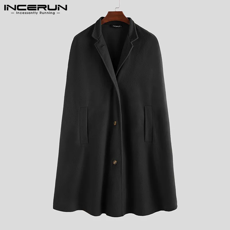 INCERUN, Зимняя мода, Мужской плащ, пальто, однотонный, уличная одежда, искусственный флис, пальто, стоячий воротник, Тренч, повседневные куртки, накидка - Цвет: Black