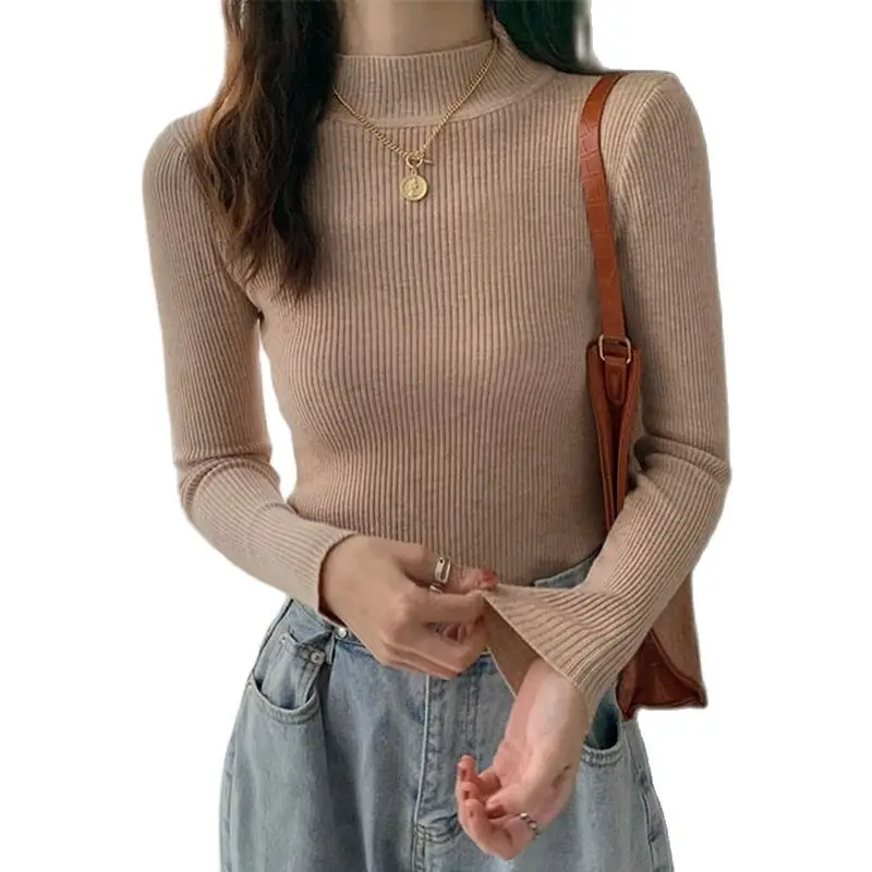 

New Autumn Women Basic Simple Style Turtleneck Casual Solid Color Long Sleeve Female Elastic slim Bottoming shirt knitwear Tops