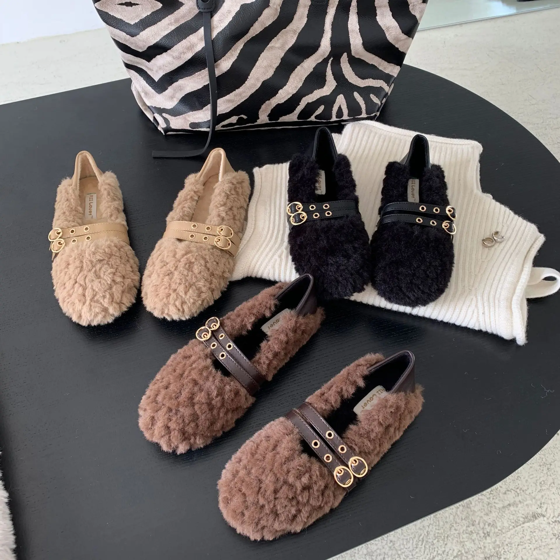 

Round Toe Loafers Fur All-Match Casual Woman Shoe Female Footwear Soft Shallow Mouth Clogs Platform Dress Square Winter New Cree