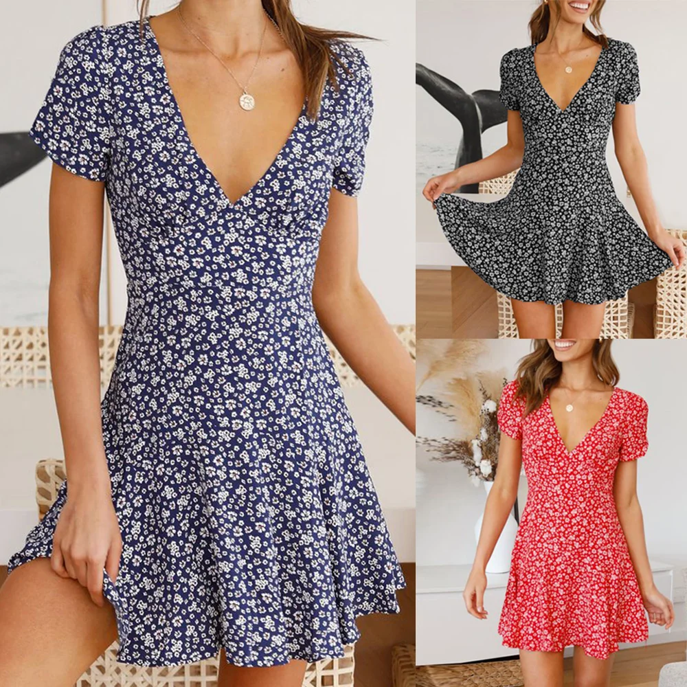 

Women Boho Floral Print Wrap Mini Dress Summer Femme Ruffles Sexy V NeckShort Sleeve Beach Sundresses Ladies Casual vestidos D30