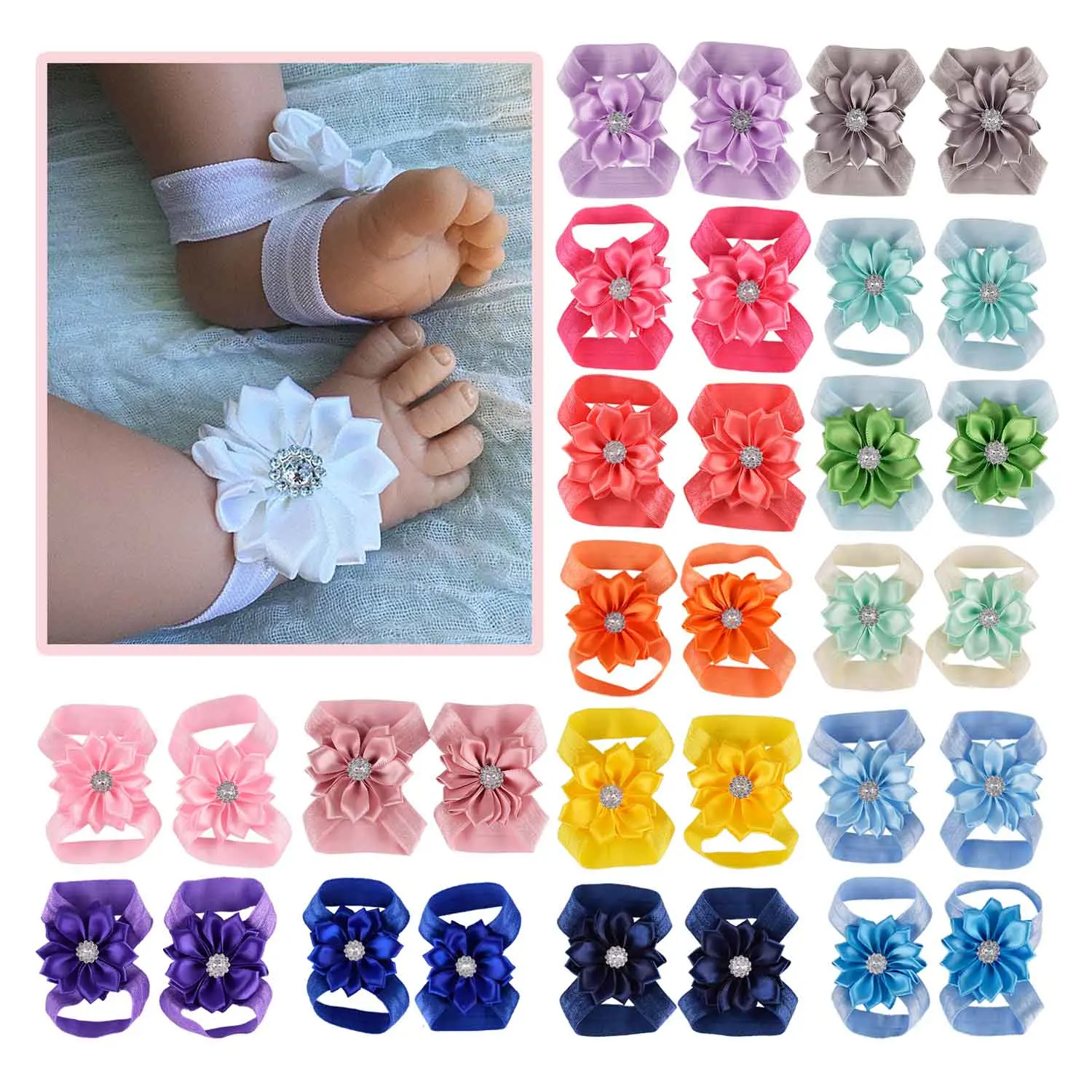 New 2pcs/pair Chic Satin Ribbon Flower Children Elastic Barefoot Sandals Baby Shower Gift Girls Newborn Toddler Kids Photo Props