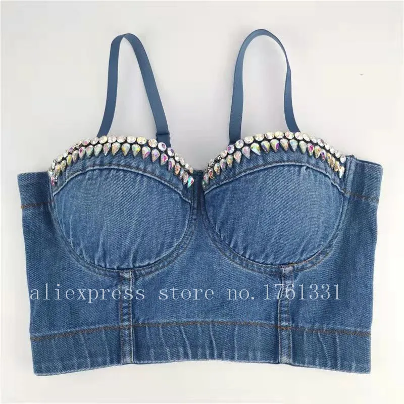 

Leah 2021 new top quality usa web celebrity jean denim colorful stone lady bras dress A39# For fashion girls wear outside