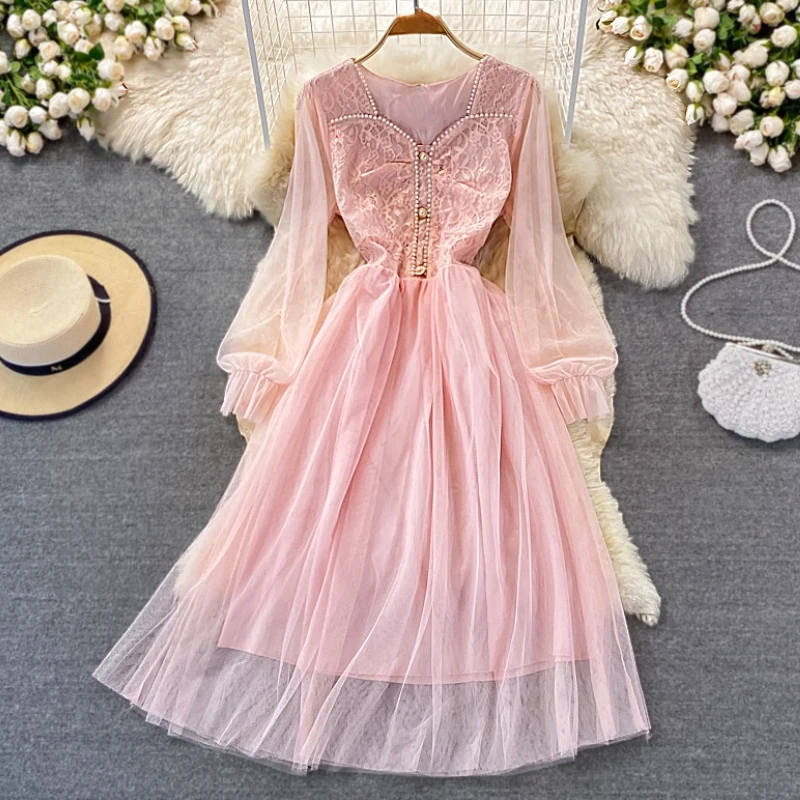 

Платье женское Сетчатое с длинным рукавом-фонариком, до середины икры