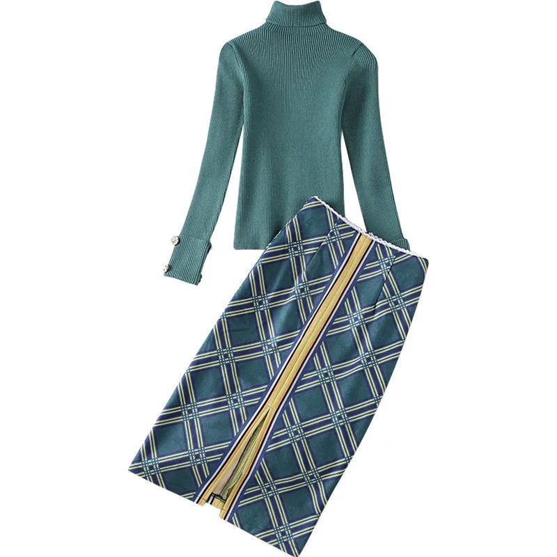 

Top Brand Designer Women 2020 Autumn Winter Two Piece Outfit Turtleneck Knit Sweater and Plaid Skirt Suit Set Lady Twinset
