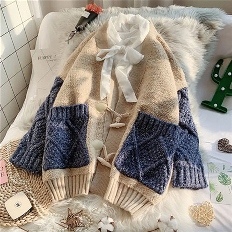 

solid 2020 new Autumn Winter Women Sweater Cardigan Knitted Pockets loose lady Female Outwear Horn button Coat Tops M595