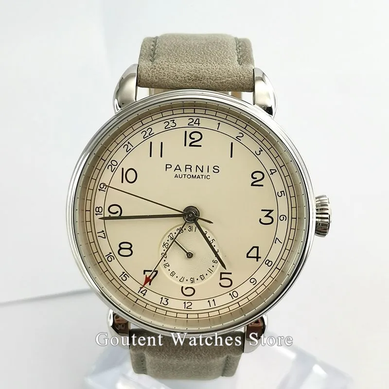 A1 Новые Parnis 42 мм GMT мужские часы Лидирующий бренд механические мужские часы Серебристый футляр для часов ДАТА кожа автоматические мужские наручные часы - Цвет: A1