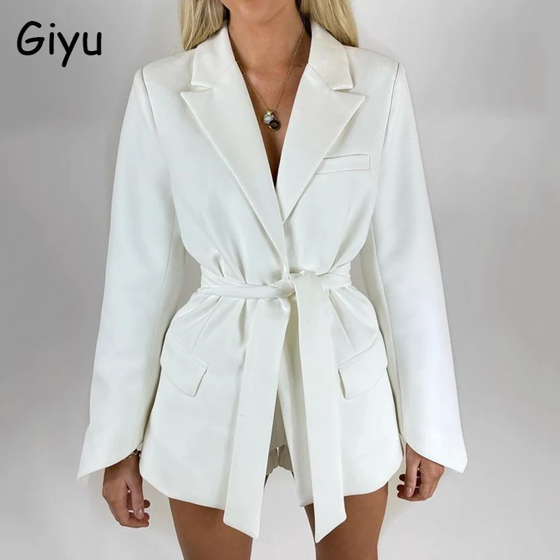 

Повседневный Модный женский офисный пиджак Giyu, белый флисовый пиджак, женская зимняя одежда, костюм с длинным рукавом и поясом, бандажные ку...
