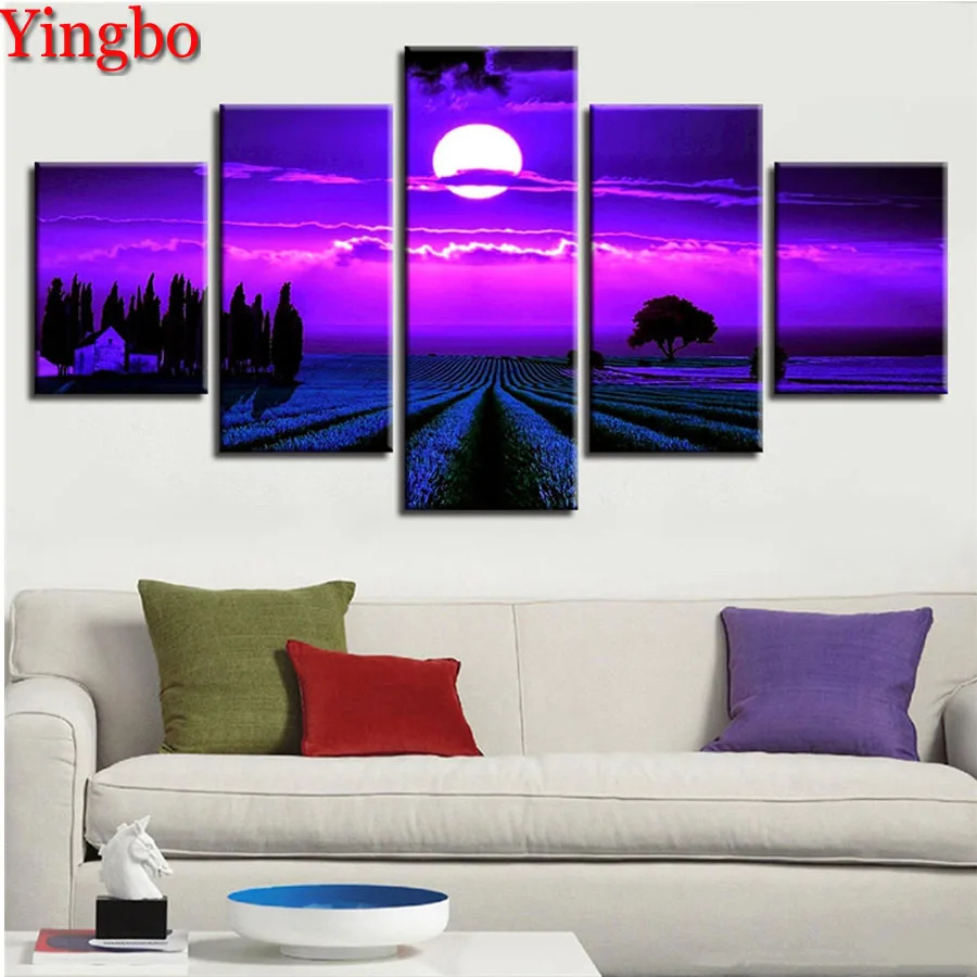 

5 PCS 5D DIY diamond embroidery Purple Moon Lavender Field Landscape diamond painting Cross Stitch Rhinestone decoration gift