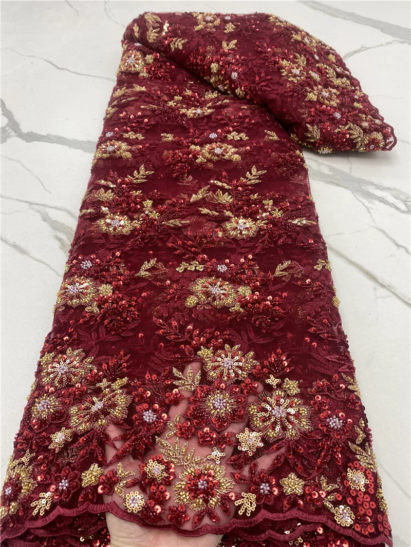 

PGC 2021 High Quality African Handmade Beaded Lace Fabric Wine French Embroidery Lace Fabric For Nigerian Wedding Party LY229-3