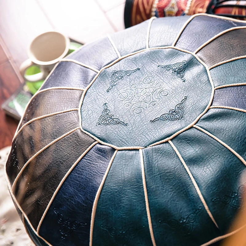 

Decorative Moroccan PU Leather Pouf Embroider Craft Hassock Ottoman Footstool Round Large Artificial Leather Unstuffed Cushion