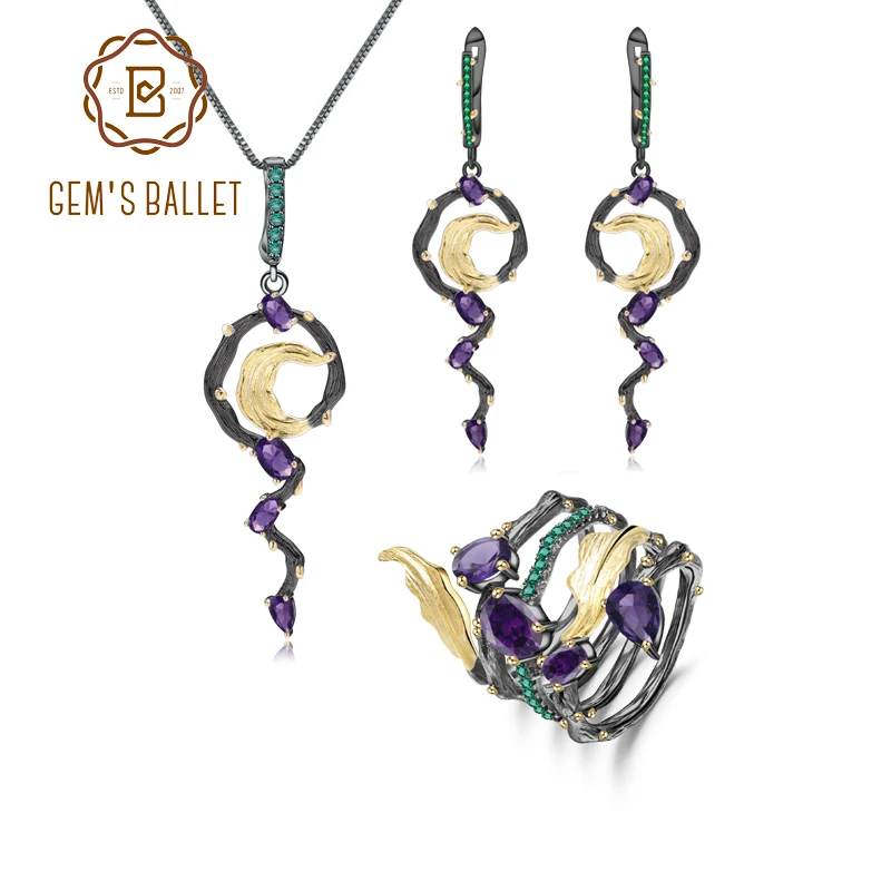 

Женский балетный набор GEM'S, натуральный аметистовый драгоченный камень, кулон, серьги, кольцо из стерлингового серебра 925 пробы, винтажные г...