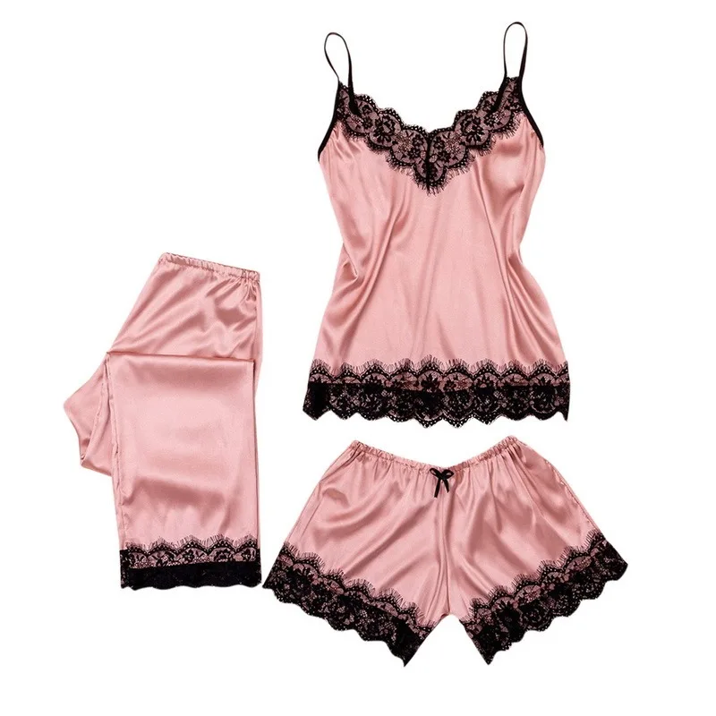 

Women's Pajamas Set Home Suit Top and Shorts Sexy V-Neck Sleeveless Satin Lace Sleepwear Pijama Home Clothes for Women 2021