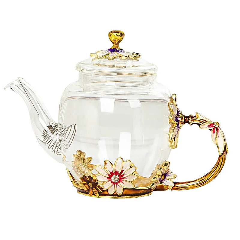 

Красивый эмалированный Хрустальный чайный набор, стеклянный чайник с маргаритками для горячих и холодных напитков, домашняя посуда для нап...