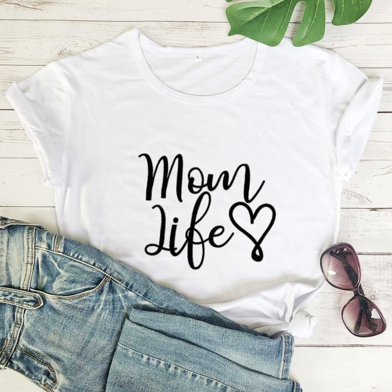MOM LIFE Heart Printed T-Shirt Women Short Sleeve Motherhood Cotton Tees Cute Mother's Day Gift Tshirt | Женская одежда