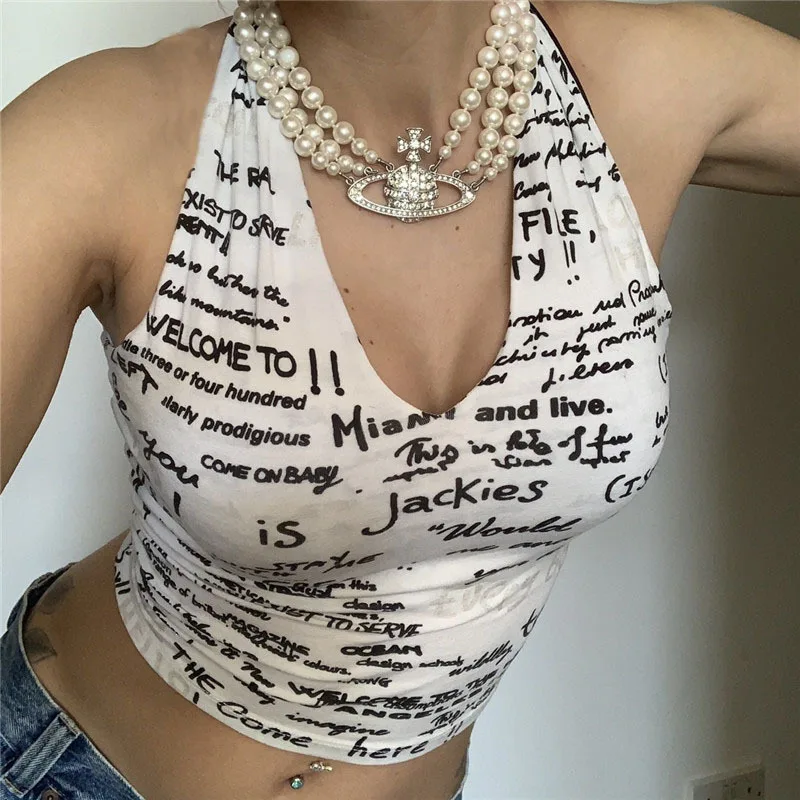 

Cryptographic Fashion Letter Print Halter Crop Tops for Women Summer Backless Sleeveless V Neck Tank Top Cropped Streetwear