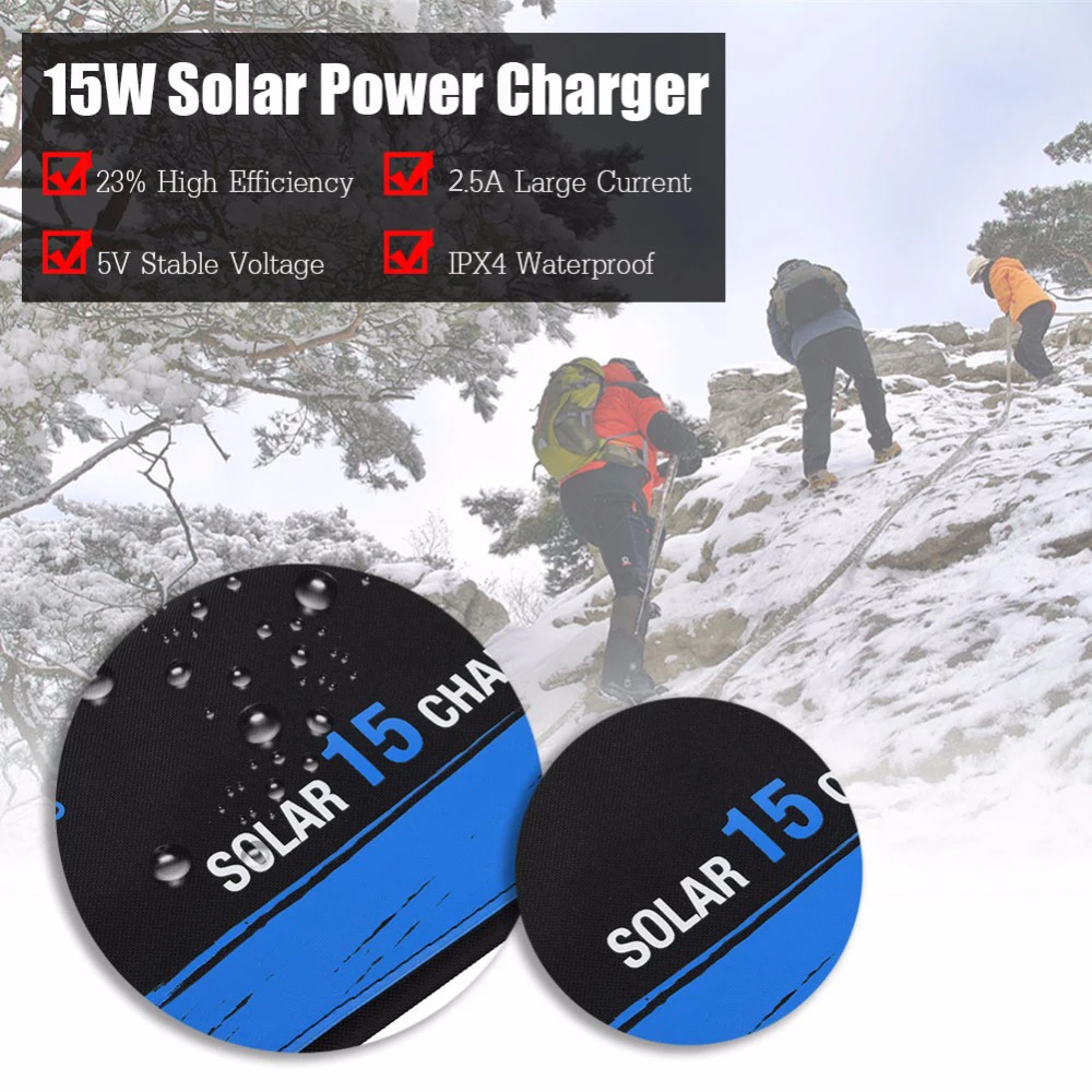 

FOVigour Foldable Outdoor Waterproof 15W Solar Charger Dual Display USB Port Sunpower Solar Panel