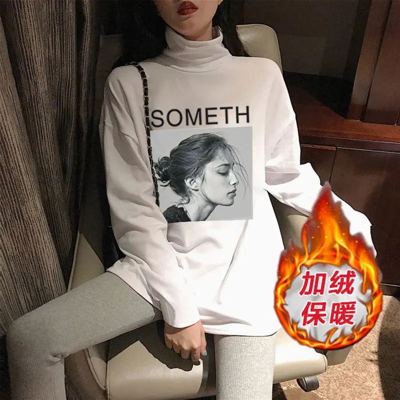 

Women's Turtleneck Bottoming Shirt 2021 Spring, Autumn and Winter Fleece Long Sleeve T-shirt Loose Slimming and All-Matching