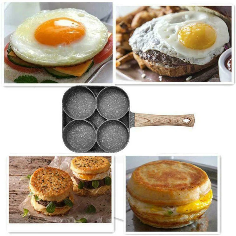 Fry Pan for Eggs Non Stick Ham Pancake Maker Egg Burger with Wooden Handle 4 Hole Induction Cooker Gas Stove | Дом и сад