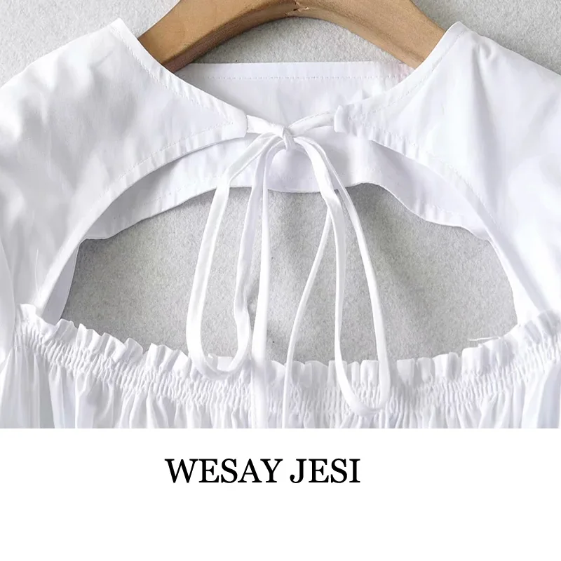 

WESAY JESI 2021 Summer New Ladies French Puff Sleeve Top Sexy Sweet Hollow Lace-Up Thin Waist Short Long-Sleeved T-Shirt