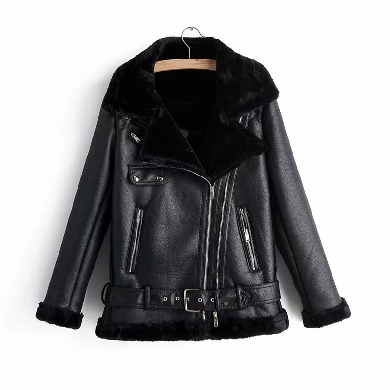 ZXQJ fashion women faux lamb wool fur leather jacket winter lady thick PU outerwear cool female zipper suits moto girls jacket