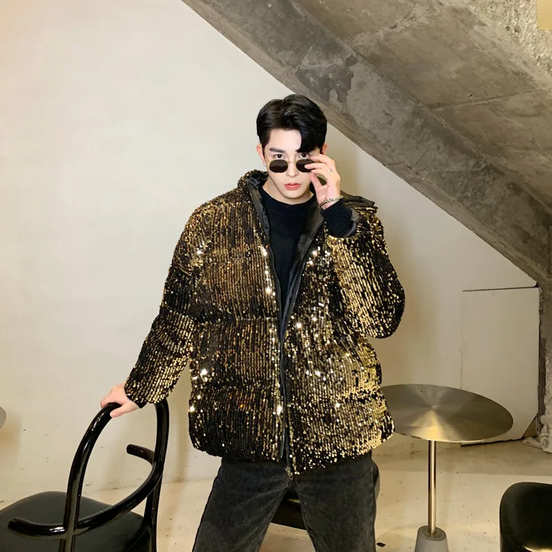 Парка мужская утепленная с пайетками модная повседневная куртка капюшоном