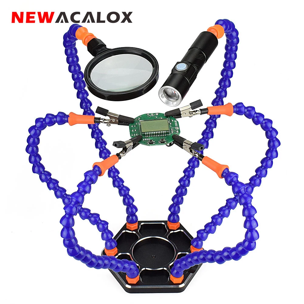 Newacalox Terceira Mão de Solda Ajudando as Mãos com Carregamento Usb Lanterna 3x Lupa Solda Pcb Titular Ferramenta Solda