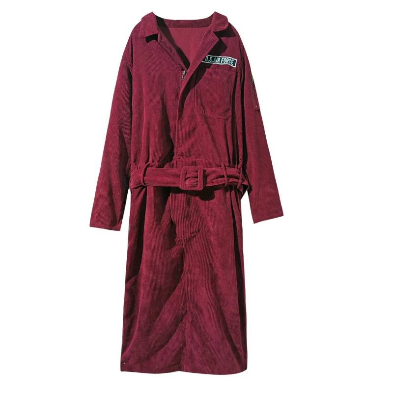 

PERHAPS U Wine Red Navy Blue Corduroy Turn Down Collar Long Sleeve Sash Pocket Letter Print Solid A-line Midi Dress D1406