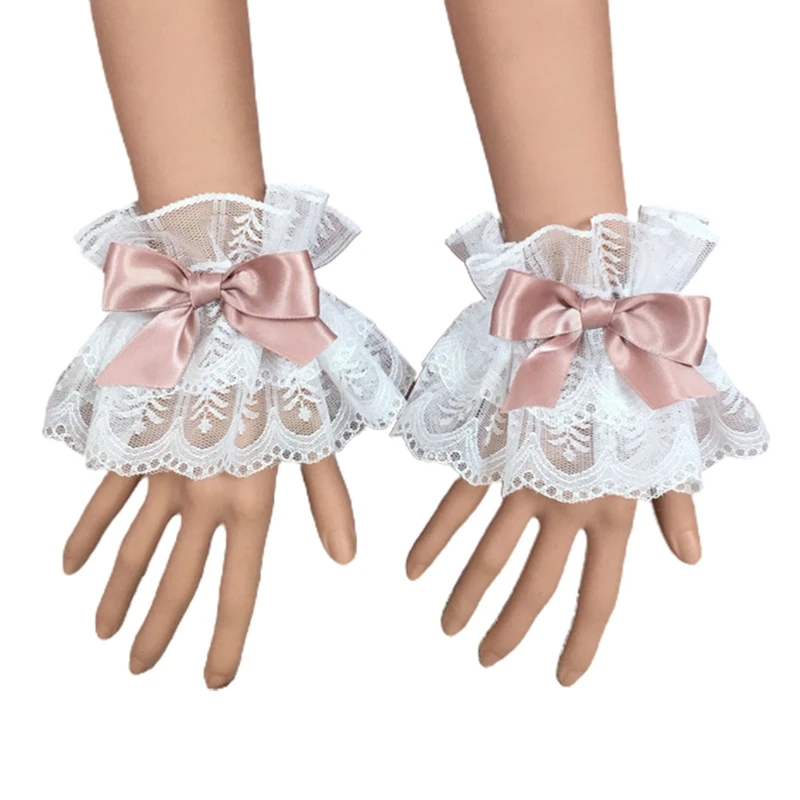 

Japanese Lolita Hand Sleeve Wrist Cuffs Sweet Ruffled Lace Multicolor Bowknot Maid Cosplay Bracelet for Wedding Party