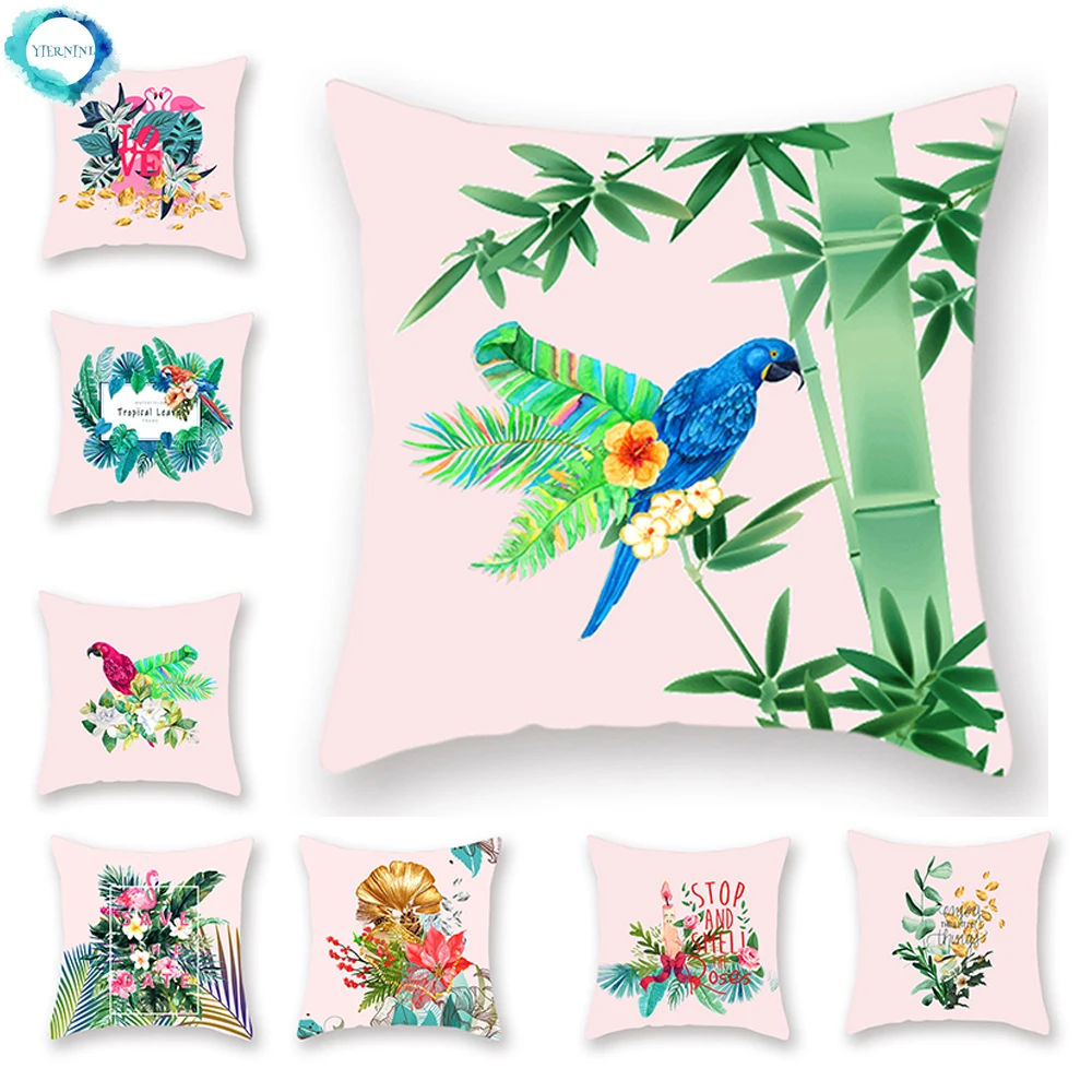 

Tropical Flower Sofa Polyester Throw Pillow Cover Bird Flamingo Parrot Pattern Decorative Cushion Cover Home Car Decor 45x45cm