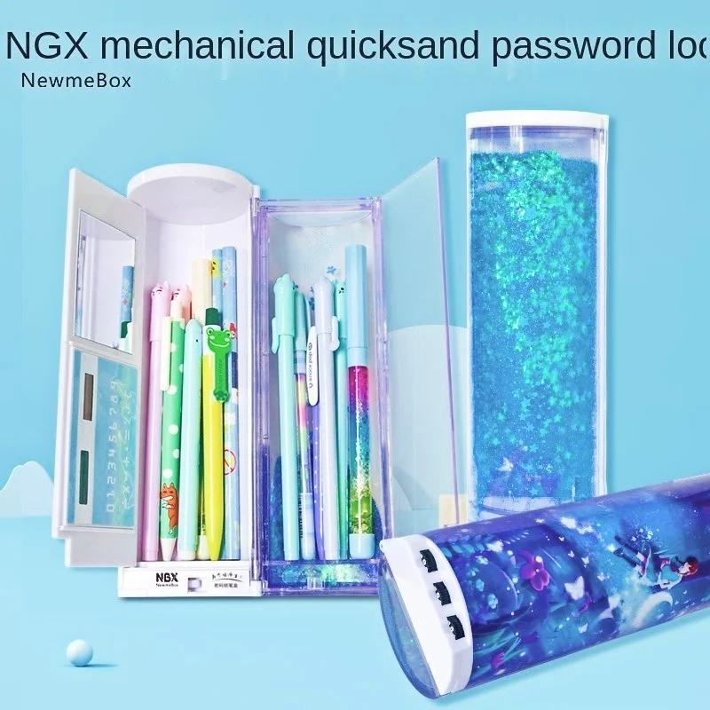 NBX transparent quicksand mechanical code lock stationery  ins dinosaur rabbit security password pen box school supplies boys