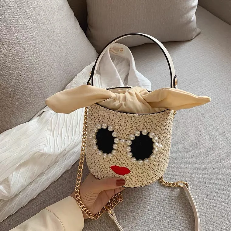 

2021 Handmade Woven Basket Bolsa Glasses Lip Cartoon Shoulder Bag Summer Beach Bags Brand Ladies Hand Bags Straw Bags for Women