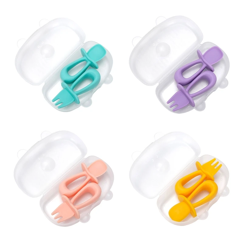 

2pcs/set Baby Training Short Handle Silicone Fork Spoon Kit Infant Tableware A2UB
