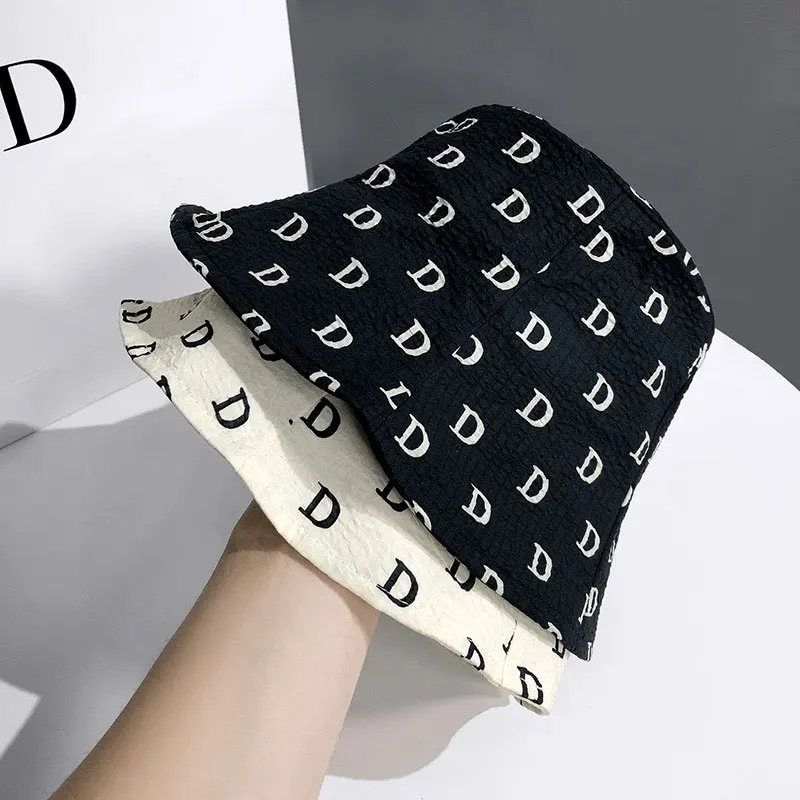 New Harajuku Printed Basin Hat Letter D Fisherman Hat Black White BucketHat For Women Summer Beach Thin Sun Hat Sunshade Panama