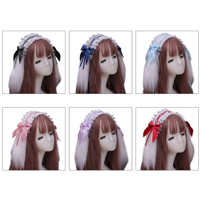 

Japanese Lolita Furry Rabbit Bunny Ears Headband Ruffles Lace Ribbon Bowknot Hair Band Gothic Maid Cosplay Headdress