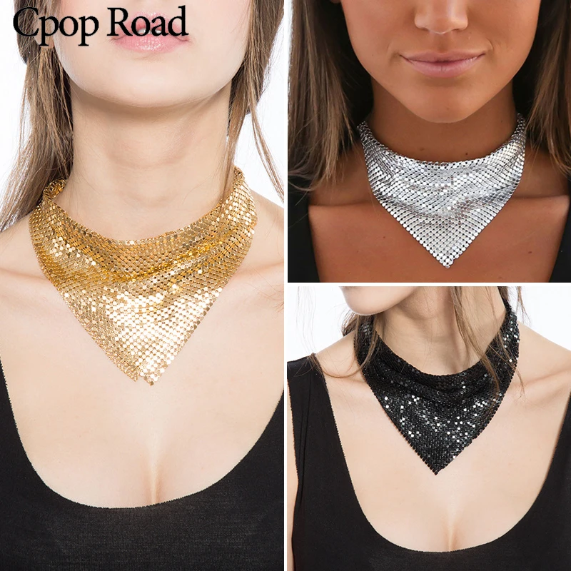 

Cpop Trendy Sexy Triangle Scarf Sequins Choker Shining Metal Slice Statement Jewelry Chic Chainmail Choker Women Accessories