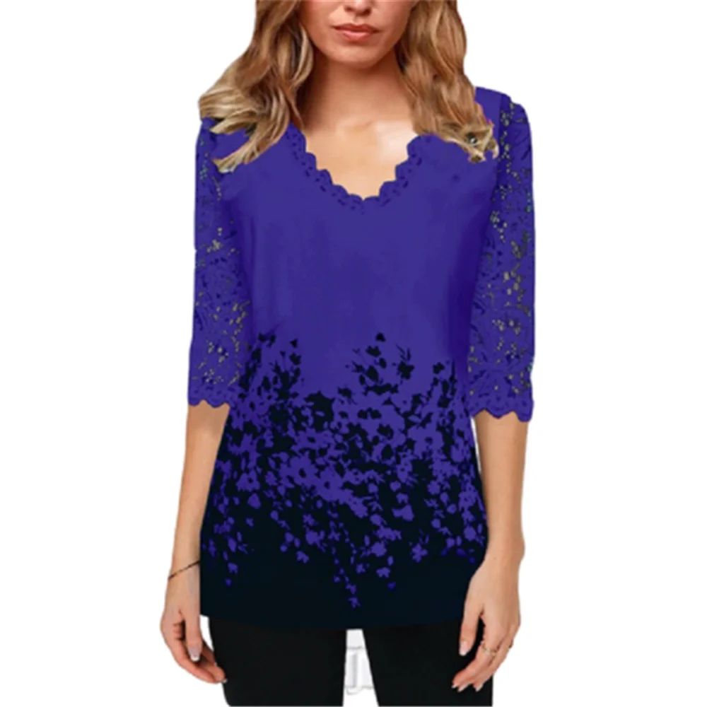 

5xl Large Size Women Lace Patchwork Half Sleeve Blouses Tops 2020 Autumn 3d Printed Casual V-neck Blouses Lady Elegant Shirts